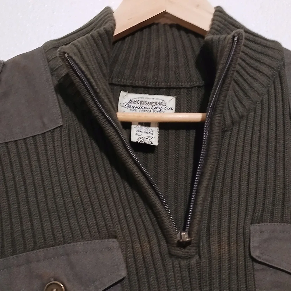 American Rag Mens Olive Green Military Quarter Zip Ribbed Cotton Sweater‎ Large